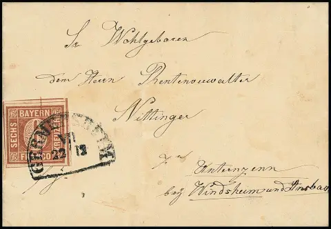 6 Kr. brun, Type I, coins remplis, pièce de cabinet pleine à surdimensionnée (en haut timbre voisin) sur lettre pliée avec HK "Germersheim", signé Brettl et certificat Schmitt. Mi. 1500,-