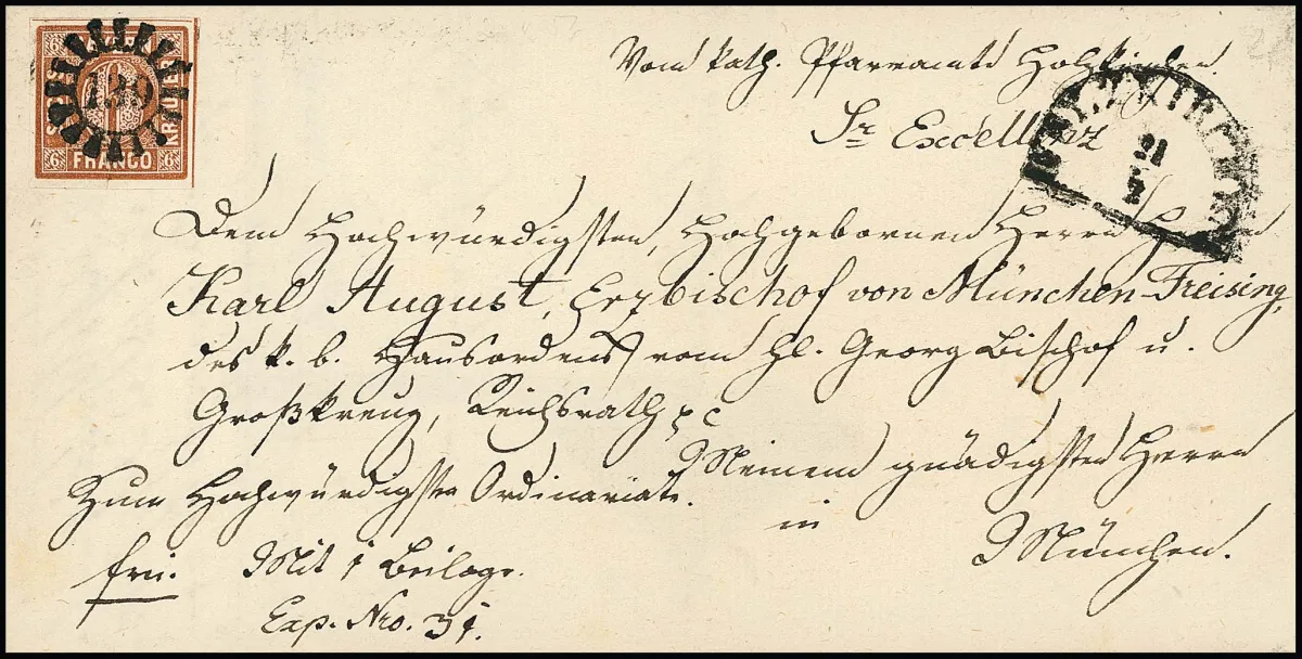 6 Kr. braun auf Kabinett-Bischofsbrief mit gMR "139" und HK "Holzkirchen", an Bischof Karl August in München