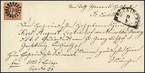 6 Kr. brun sur lettre d'évêque de cabinet avec gMR "139" et HK "Holzkirchen", adressée à l'évêque Karl August à Munich