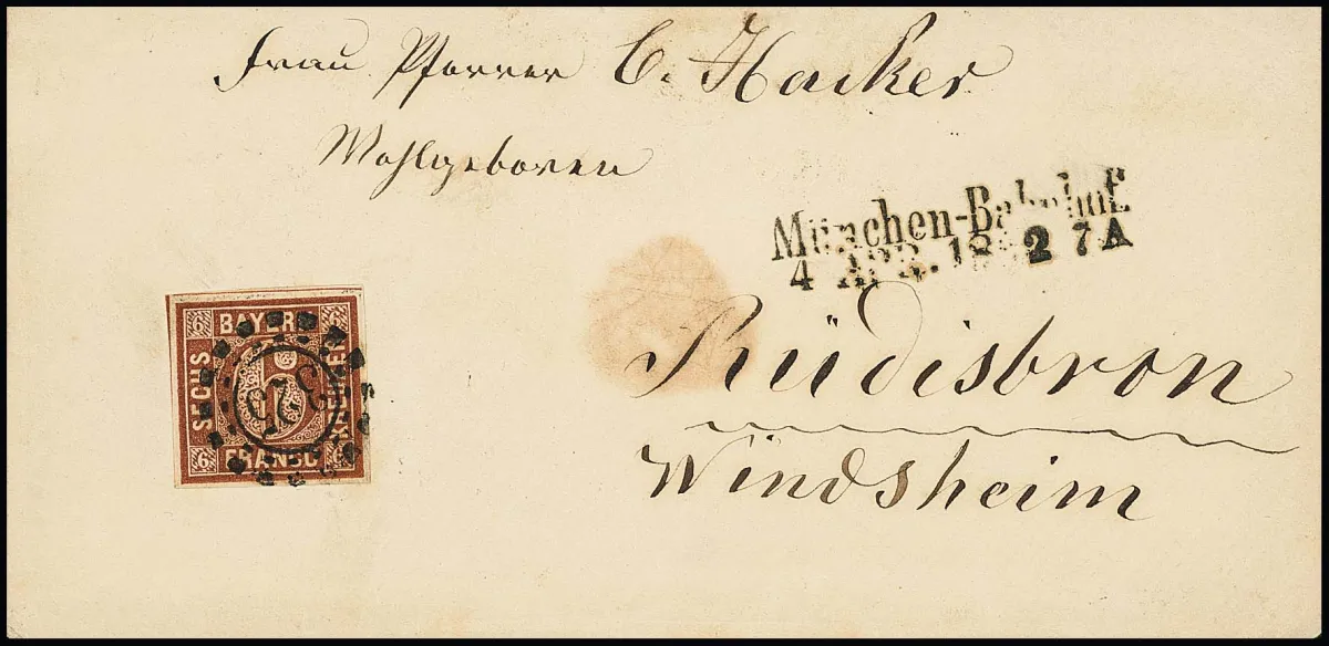 6 Kr. brun sur superbe enveloppe avec oMR "325" et rare Neben-L2 "München-Bahnhof" en type spécial, 1862. Signé Schmitt