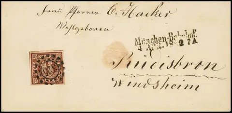 6 Kr. brun sur superbe enveloppe avec oMR "325" et rare Neben-L2 "München-Bahnhof" en type spécial, 1862. Signé Schmitt