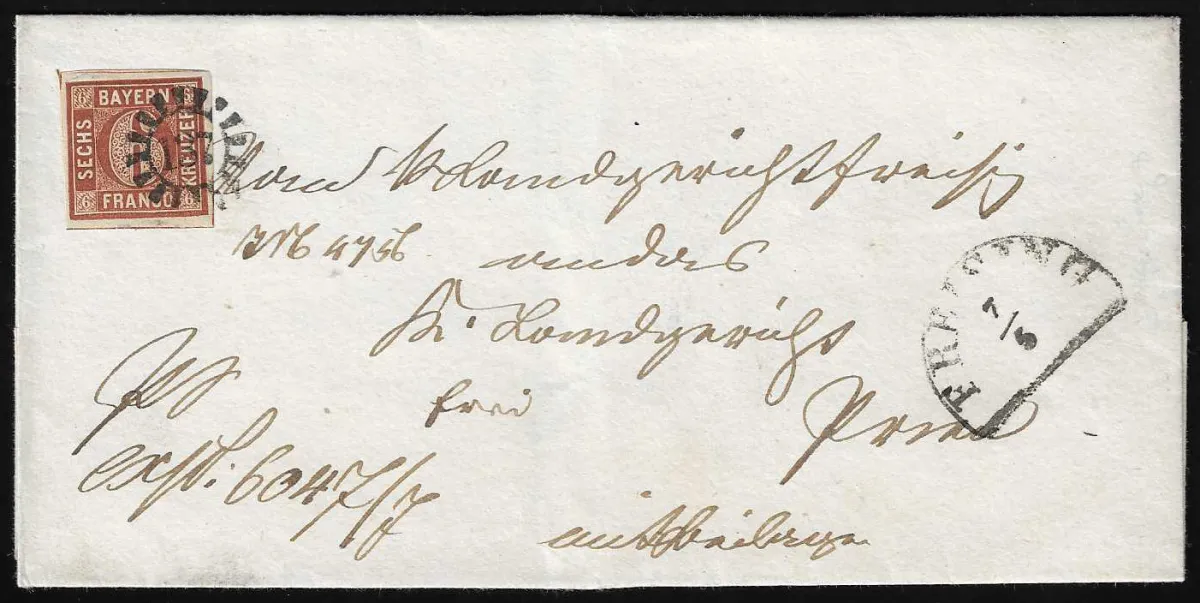 6 Kr. brun sur lettre de cabinet tardive avec gMR "137" et HK "Freising" 1861 pour Prien