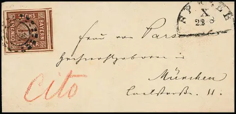 6 Kr. braun, Bogenecke mit vier Schnittlinien (!) auf Brief mit oMR "493" und HK "Speyer" 1862 nach München, sign. Sem