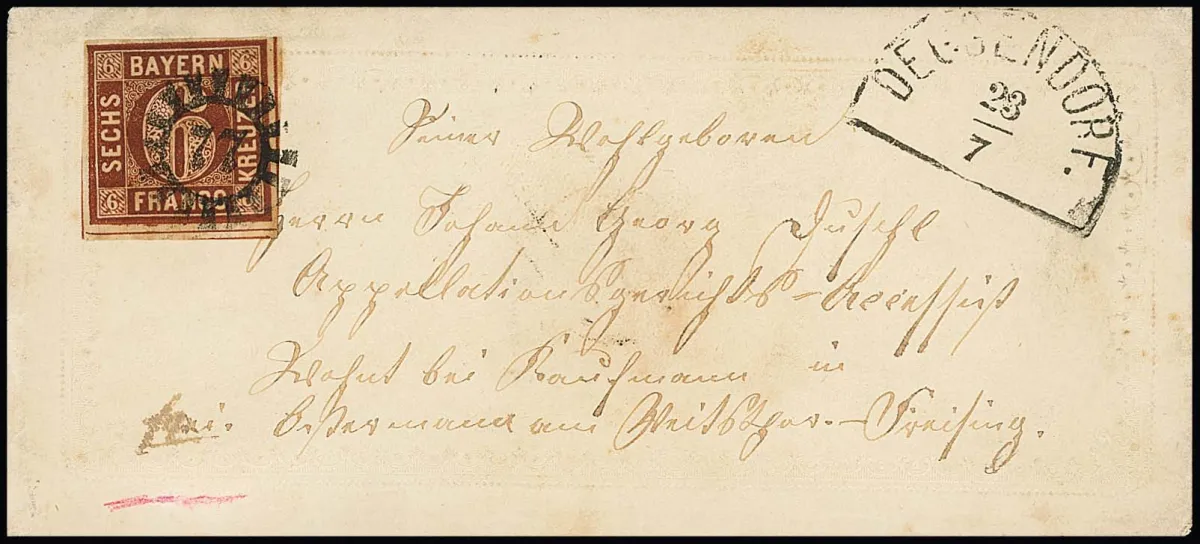 6 Kr. braun, Pl. 3, einzeln auf völlig ursprünglich erhaltenem Präge-Zierbrief mit gMR "77" und HK "Deggendorf"