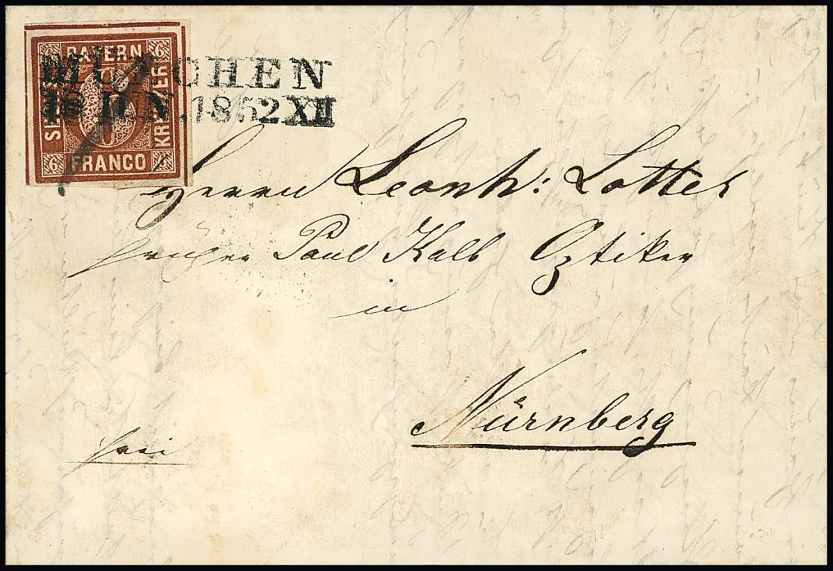 6 кр. коричневая, Platte 1, на роскошном письме с редким здесь гашением L2 "München" от 18 июня 1852 и росчерком. Подпись Schmitt