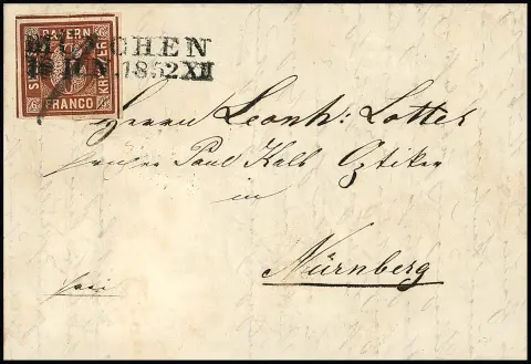 6 Kr. braun, Platte 1, auf Prachtbrief mit hierauf seltener Entwertung durch L2 "München" vom 18. Juni 1852 und Federzug. Sign. Schmitt