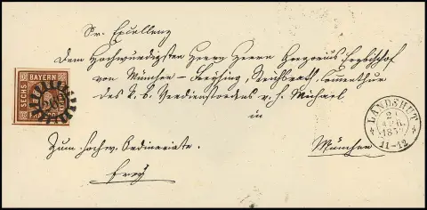 6 Kr. braun, Platte 2, sehr breitrandig, auf Luxus-Bischofsbrief von Landshut 1858 an Erzbischof Gregorius in München, Fotoexp. Sem