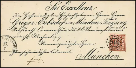 6 Kr. braun, links etwas berührtes Exemplar auf dekor. Bischofsbrief mit oMR "144" und HK von Fürstenfeldbruck