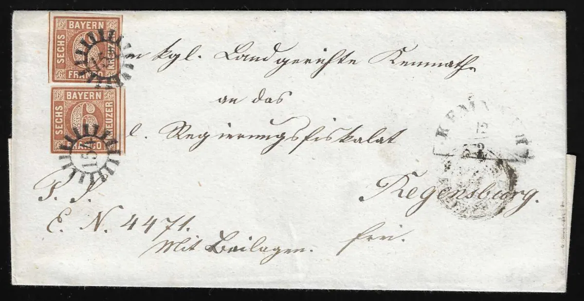 6 Kr. brun par deux, chacun avec marges complètes, sur lettre pliée de cabinet avec gMR "154" et HK "Kemnath" pour Regensburg