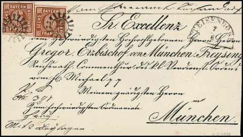 6 Kr. braun, Pl. 2, per zwei, rechte gut, linke kleine Eckergänzung, auf dekorativem Bischofsbrief mit gMR "515" und HK "Teisendorf" nach München, 2.…