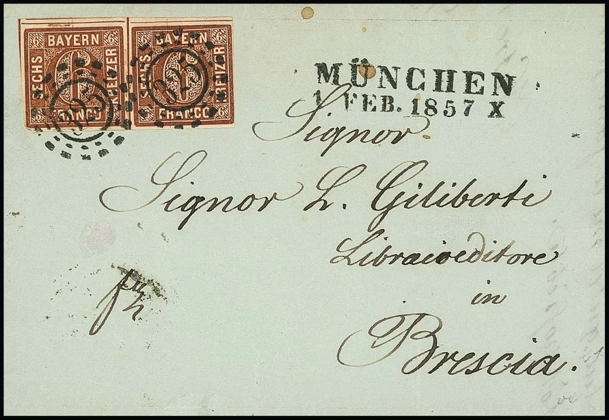 6 Kr. braun, meist voll- bis breitrandiges Paar (linke untere Ecke etwas knapp) auf bläulichgrünem Faltbrief mit oMR "325" und L2 "München" 1857 nach…