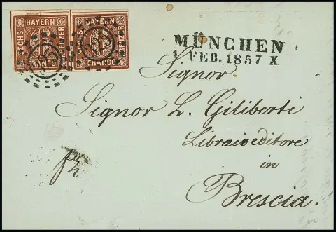 6 Kr. braun, meist voll- bis breitrandiges Paar (linke untere Ecke etwas knapp) auf bläulichgrünem Faltbrief mit oMR "325" und L2 "München" 1857 nach…
