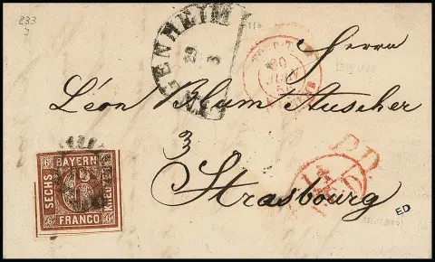 6 Kr. braun, voll- bis breitrandig, auf Prachtbriefchen mit gMR "469" und HK "Ingenheim" (selten, Feuser + 400,-) zum ermäßigten Sonderporto nach…