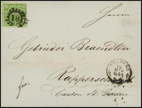 9 Kr. gelbgrün, Kabinettstück auf gef. Brief von Augsburg 1856 nach Rapperswyl/Schweiz, mit kpl. Inhalt