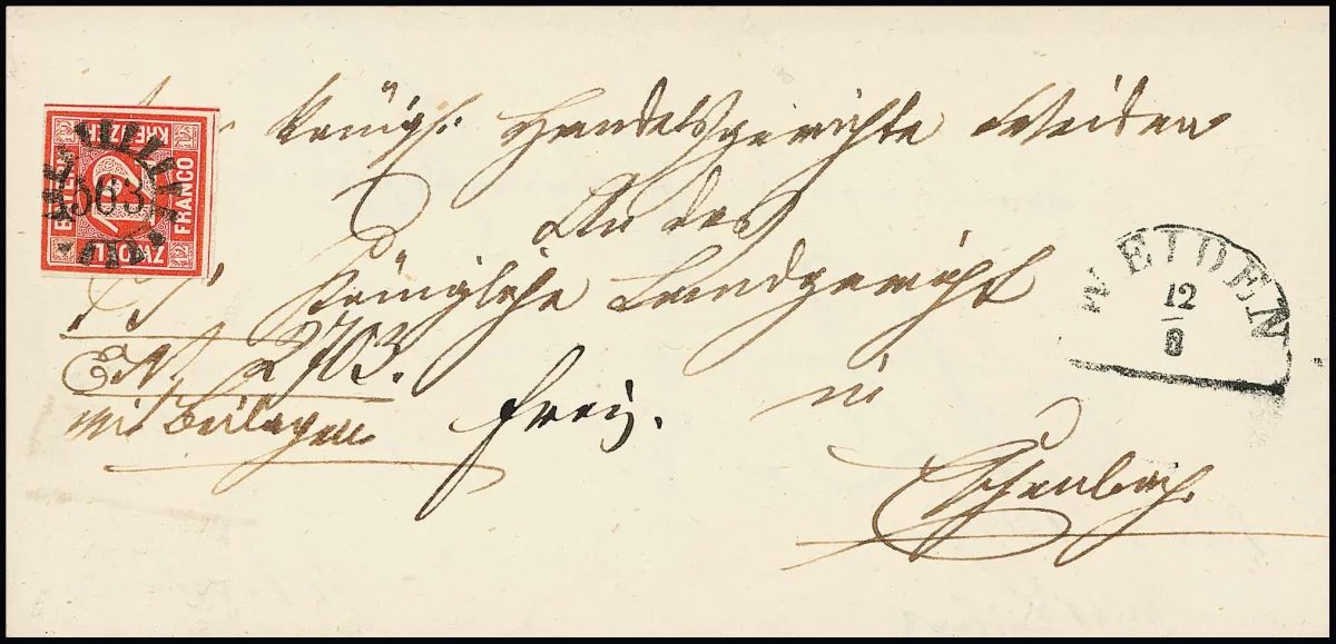 12 Kr. rouge, légèrement touché, sur lettre pliée double usage 1861 avec gMR "563" et HK "Weiden" vers Eschenbach, photo-expertise Stegmüller. Mi. 900,-