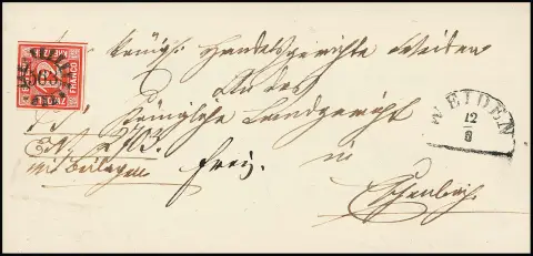 12 Kr. rot, leicht tangiert, auf doppelt verwendetem Faltbrief 1861 mit gMR "563" und HK "Weiden" nach Eschenbach, Fotoexp. Stegmüller. Mi. 900,-