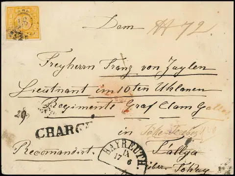 18 Kr. orange (rep.) als bessere Einzelfrankatur auf doppelt schwerem Recobrief von Bayreuth nach Ungarn, Fotoexp. Brettl