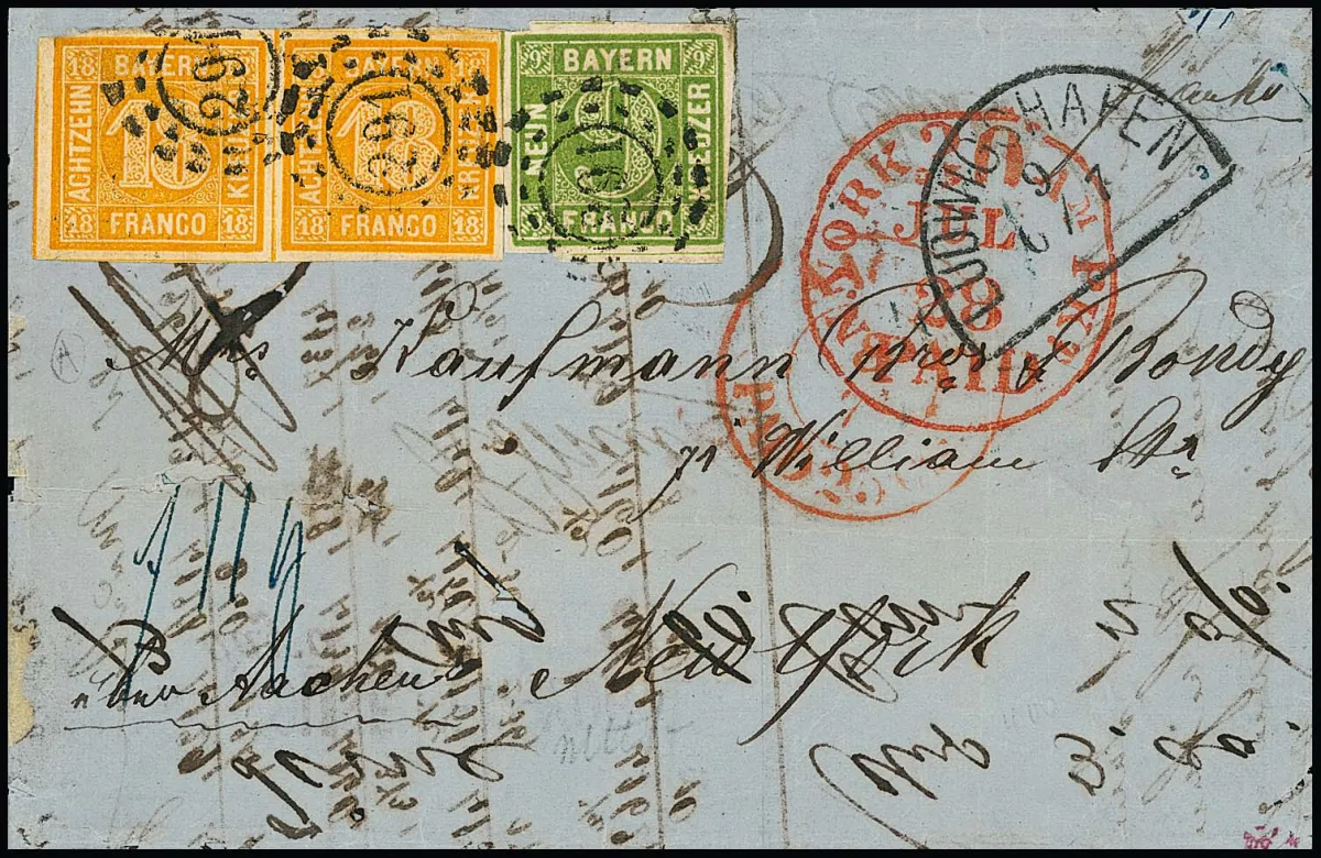 18 Kr. orange, splendide paire (une trace minimale de froissement sur le timbre de droite non mentionnée dans l'attestation), avec 9 Kr. jaune-vert sur lettre d'outre-mer (celle-ci en raison du papier très fin petits défauts de papier et au verso pas tout à fait complet) avec oMR "291" et HK "Ludwigshafen" via Aix-la-Chapelle vers New York. Rare combinaison de la collection "Romanow" (adjudication Kruschel 1975 DM 2100,-), signé Drahn, Kruschel et attestation Brettl "couleur fraîche et impeccabl