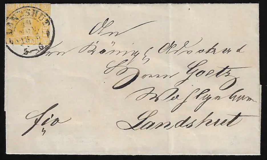 1 Kr. jaune-orange en "coupe naine" extrême sur petite lettre locale de Landshut