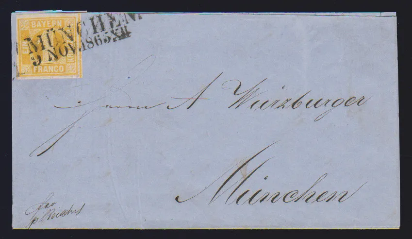 1 Kr. yellow-orange, showpiece single on local letter (slightly shortened at side) with L2 "München"