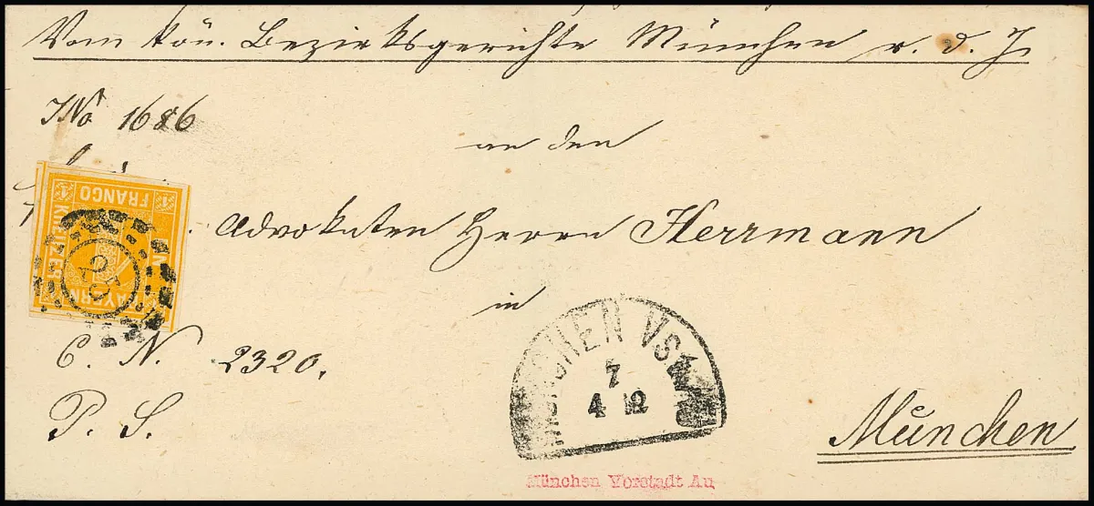 1 Kr. orange-jaune sur lettre locale de choix avec oMR clair "25" et HK "München Vst. Au"