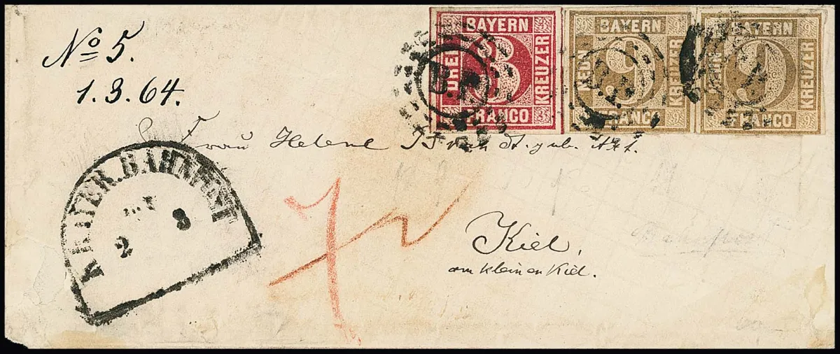 3 Kr. karminrosa, Plattenfehler I, nebst waager. Paar 9 Kr. ockerbraun, auf Bahnpostbrief mit oMR "B.P." und Bahnpost-HK nach Kiel, austaxiert mit 7 Kr.…