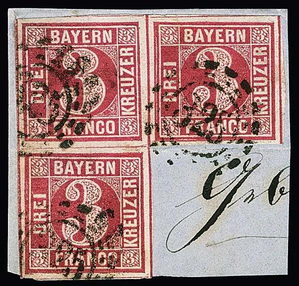 3 Kr. rosarot, breitrandig geschnittener Dreierblock auf blauem Briefstück mit oMR "325" (München), zwischen zwei Marken leichte Brieffalte. Es sind nur…