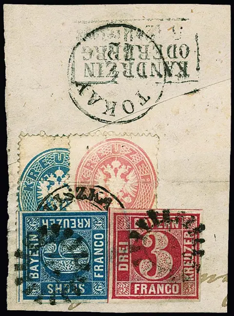 3 Kr. rosa und 6 Kr. blau (unten berührt) auf Briefstück von Nachsendebrief, die österreichische Frankatur von 5 Kr. rosa und 10 Kr. blau (Bug) überklebend.…