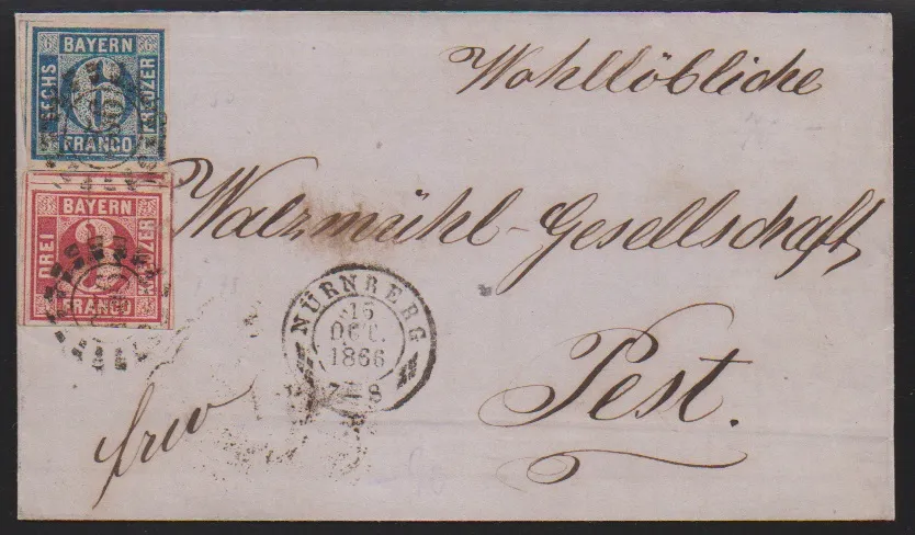 3 Kr. carmin et 6 Kr. bleu sur lettre superbe de Nuremberg 1866 vers Pest/Hongrie, expertise photo Sem