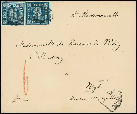 6 Kr. bleu par deux sur lettre magnifique avec gMR "311" et HK de Memmingen à Wyl/Suisse