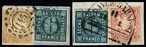 6 Kr. bleu (bon) ou bleu foncé (min. frotté), chacun en affranchissement mixte avec armoiries 3 Kr. rose ou 9 Kr. brun ocre sur deux fragments de lettre, signé Brettl ou Pfenninger