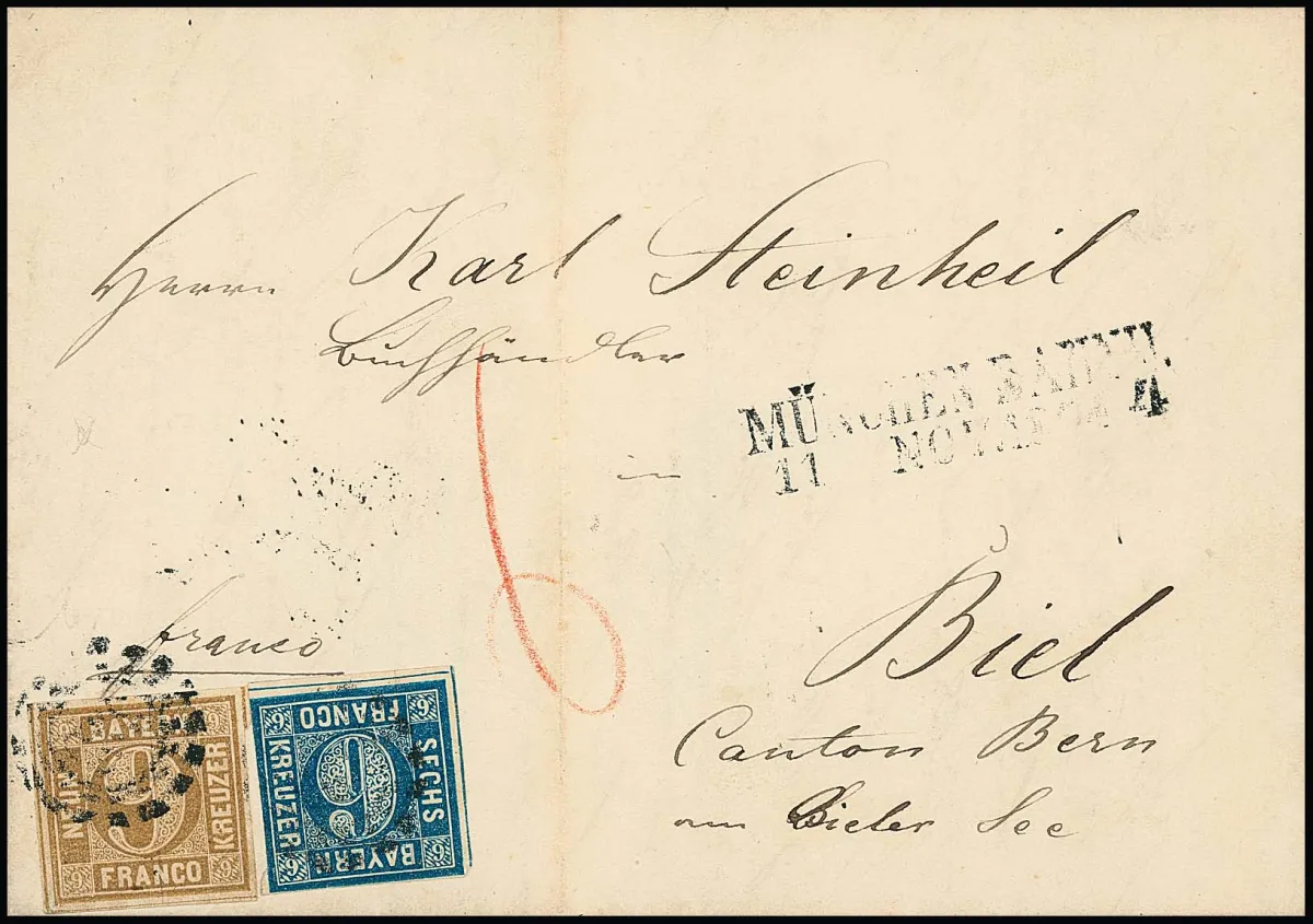 6 Kr. blau, gering berührt, nebst 9 Kr. ockerbraun, auf Auslandsbrief (Mittelfalte ausserhalb) mit L2 "München Bahnh." 1864 nach Biel/Schweiz