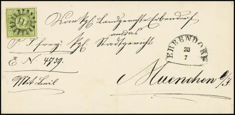 12 Kr. vert, pièce de cabinet à larges marges avec gMR "111" et HK "Erbendorf" sur lettre intérieure pliée pour Munich