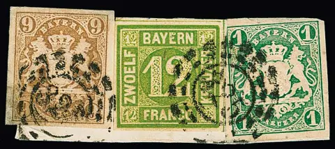 12 Kr. vert jaune en affranchissement mixte de même couleur avec armoiries 1 Kr. vert et 9 Kr. brun ocre sur pièce de lettre de cabinet avec oMR "325", signé Brettl, Pfenninger