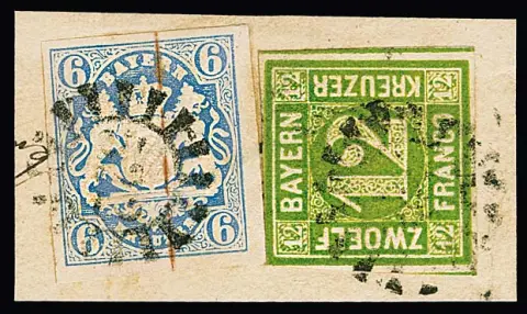 12 Kr. vert (bord coupé) en affranchissement mixte avec armoiries 6 Kr. bleu clair sur fragment de lettre avec gMR "522" (Tirschenreuth)