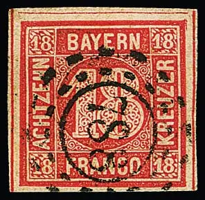 18 Kr. red, wide-margined choice copy with small plate flaw in the upper right corner, oMR "788" (Kolbermoor) centered, signed Brettl