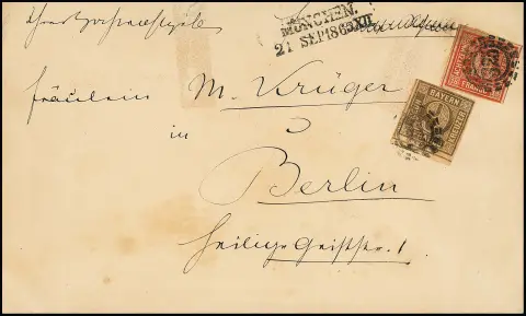 18 Kr. rouge cinabre et 9 Kr. brun ocre, chacune légèrement touchée, sur enveloppe (celle-ci discrètement déchirée et petit raccord) de Munich 1865 à Berlin. Rare affranchissement de 27 Kr. au 3e échelon de poids, signé Brettl