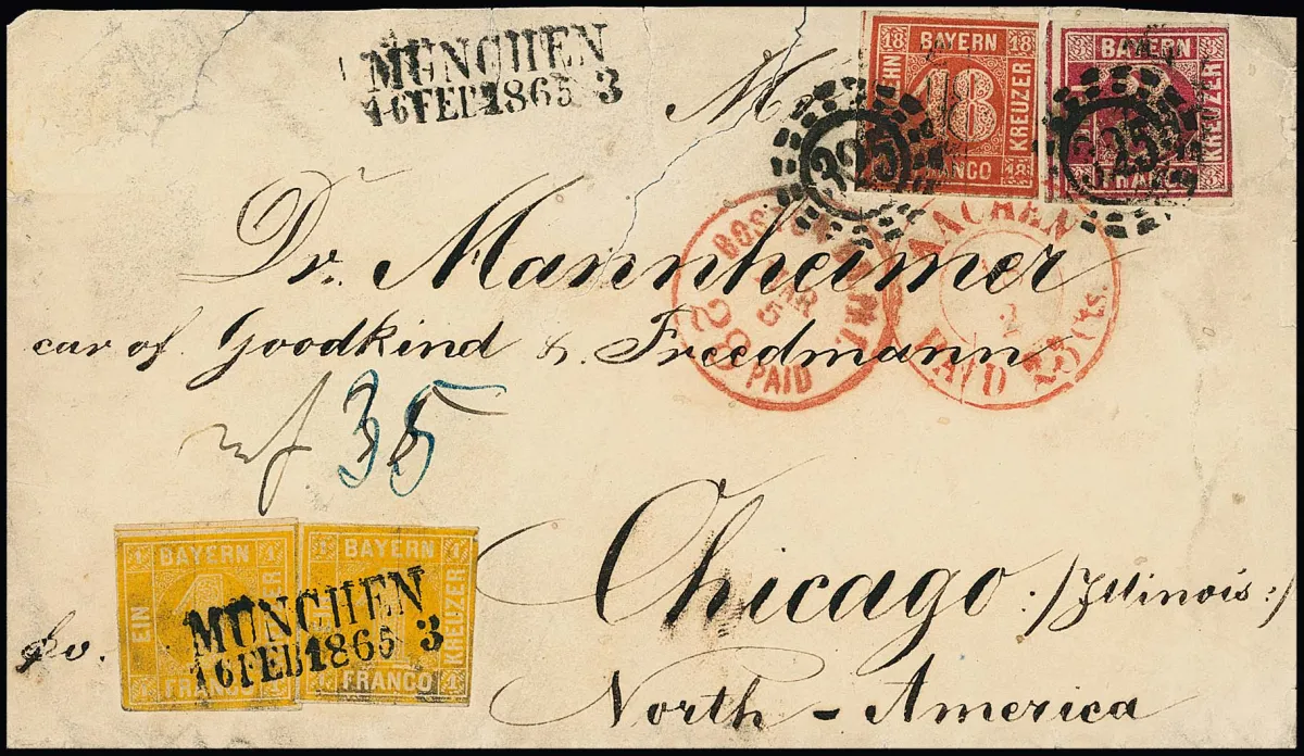 18 Kr. rouge cinabre (coupée en haut à droite) avec 3 Kr. carmin et deux fois 1 Kr. orange sur enveloppe pour Chicago. Les 18 Kr. et 3 Kr. avec oMR "325" et K2 rouge "Aachen Paid 23 Cts.", les 1 Kr. avec L2 "München 16. Feb. 1865", au recto un K1 rouge "Boston Br. PK 28 Paid". L'enveloppe avec traces d'âge et défauts d'usage
