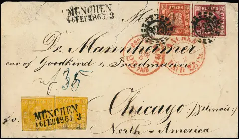 18 Kr. rouge cinabre (coupée en haut à droite) avec 3 Kr. carmin et deux fois 1 Kr. orange sur enveloppe pour Chicago. Les 18 Kr. et 3 Kr. avec oMR "325" et K2 rouge "Aachen Paid 23 Cts.", les 1 Kr. avec L2 "München 16. Feb. 1865", au recto un K1 rouge "Boston Br. PK 28 Paid". L'enveloppe avec traces d'âge et défauts d'usage