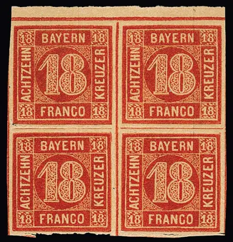 18 Kr. orange-rouge en superbe bloc de quatre du bord supérieur, paire inférieure non oblitérée, supérieure neuf sans charnière, "bayernbrüchige Stellen" typiques dans l'entre-deux, Mi. pour…