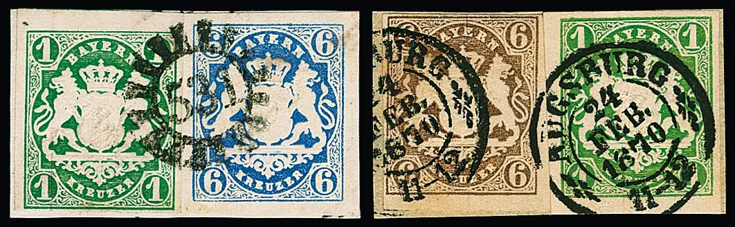 1 Kr. grün bzw. dunkelgrün, fünf Briefstücke mit Farbkombinationen: nebst 6 Kr. blau, zweimal nebst 6 Kr. braun (einmal dekor. hs. Gerichtsentwertung), nebst…