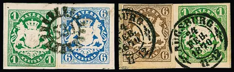 1 Kr. vert ou vert foncé, cinq fragments de lettre avec combinaisons de couleurs : avec 6 Kr. bleu, deux fois avec 6 Kr. brun (une fois dévalorisation judiciaire manuscrite décorative), avec…