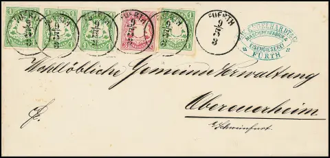 1 Kr. vert, bande de trois impeccable, avec pièce isolée légèrement touchée et 3 Kr. rose (légère patine) comme représentation très inhabituelle du port de 7 kreuzers sur lettre nettement oblitérée avec K1 "Fuerth", signé Brettl et certificat Sem
