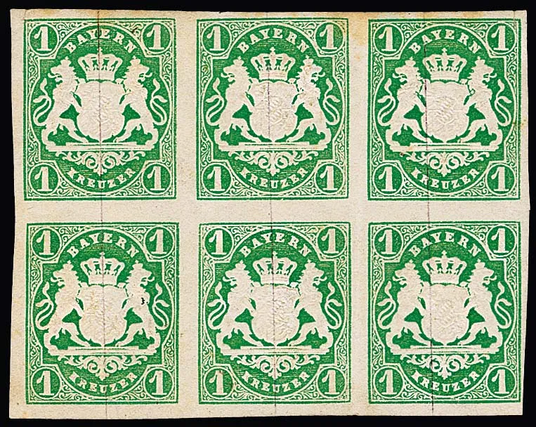 1 Kr. vert, bloc de six neuf, timbre inférieur droit même neuf avec gomme, bien margé, rangée supérieure légère patine de bord