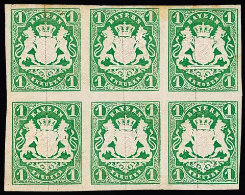1 Kr. vert, bloc de six neuf, timbre inférieur droit même neuf avec gomme, bien margé, rangée supérieure légère patine de bord