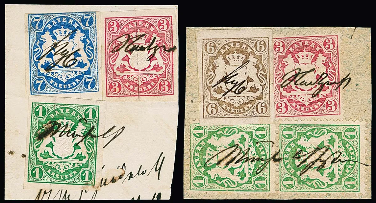 Zwei Briefstücke mit dekor. Dreifarben-Kombinationen mit hs. Gerichtsentwertung von München: geschnittene 1 Kr. grün, 3 Kr. rosa (kl. Vortrennschnitt) und 7…