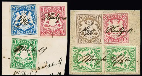 Deux fragments de lettre avec combinaisons décoratives tricolores et affranchissement judiciaire manuscrit de Munich : 1 Kr. vert découpé, 3 Kr. rose (petite découpe de séparation) et 7 Kr. bleu, ainsi que 6 Kr. brun découpé en affranchissement mixte avec 1 Kr. vert dentelé (paire) et 3 Kr. rose