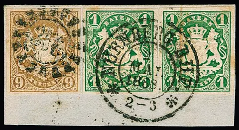 1 Kr. vert foncé en deux avec K2 "Nürnberg Bhf.", plus 9 Kr. brun ocre, celle-ci avec gMR "356", sur fragment de lettre de cabinet, signé Schmitt