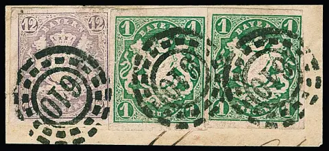 1 Kr. vert bleu foncé en deux et 12 Kr. pourpre sur magnifique fragment de lettre avec oMR "610" (Altenstadt, signé Pfenninger)