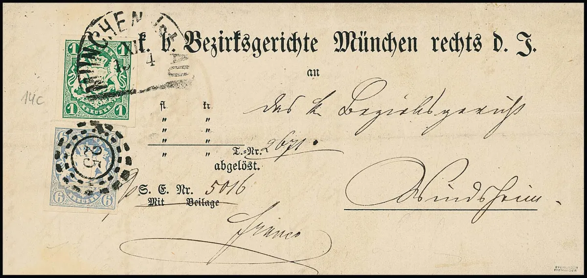 1 Kr. bleu-vert foncé avec HK "München Vst. Au", le 6 Kr. bleu clair avec oMR "25", les deux parfaits, sur lettre de justice préimprimée, signé Pfenninger
